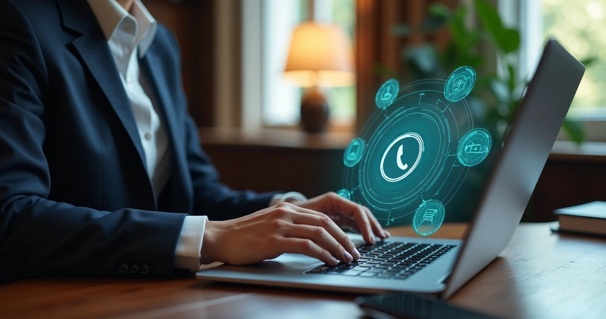 Advogado em escritório moderno usando laptop com interface de WhatsApp na tela e ícones de automação e consultoria ao redor