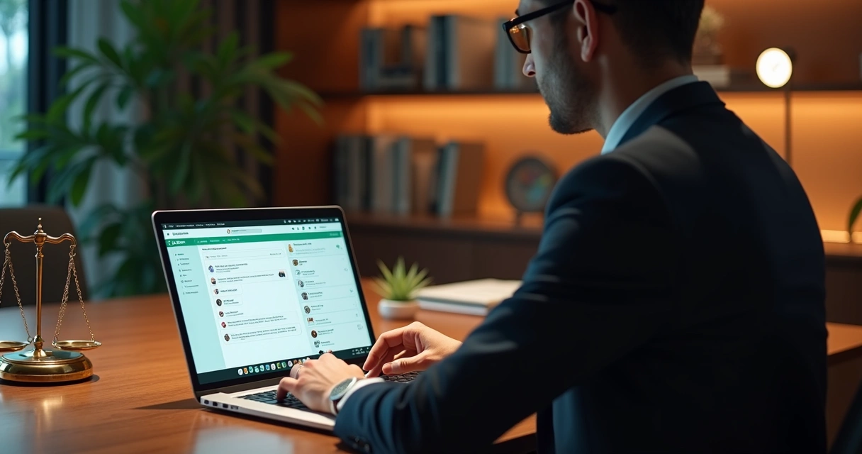 Advogado usando laptop elegante com interface de WhatsApp automatizado na tela, ambiente sofisticado e iluminado