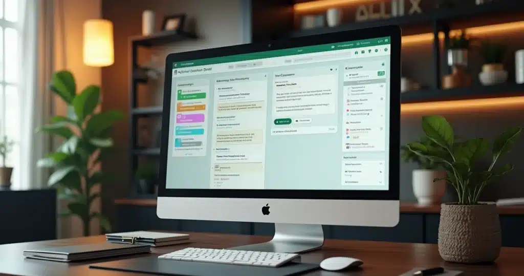 Interface moderna de chatbot para WhatsApp em tela de computador com organização de contatos e funis de vendas