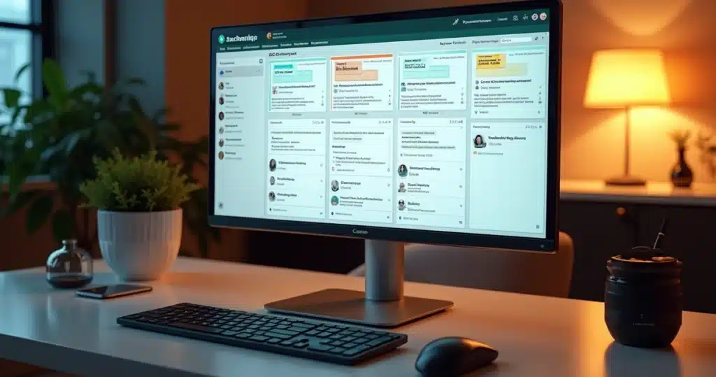 Interface moderna de computador exibindo painel de CRM com mensagens organizadas para atendimento no WhatsApp