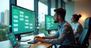 Profissional atendendo rápido clientes no WhatsApp com painel de CRM no computador