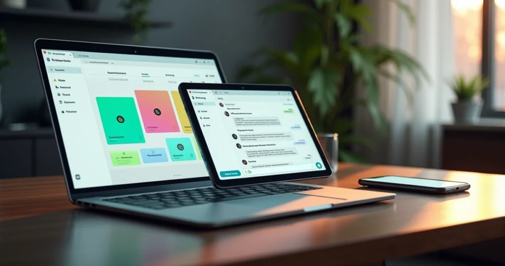 Tela de CRM com funil visual em um notebook e conversa de autoatendimento no WhatsApp em destaque