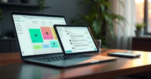 Tela de CRM com funil visual em um notebook e conversa de autoatendimento no WhatsApp em destaque