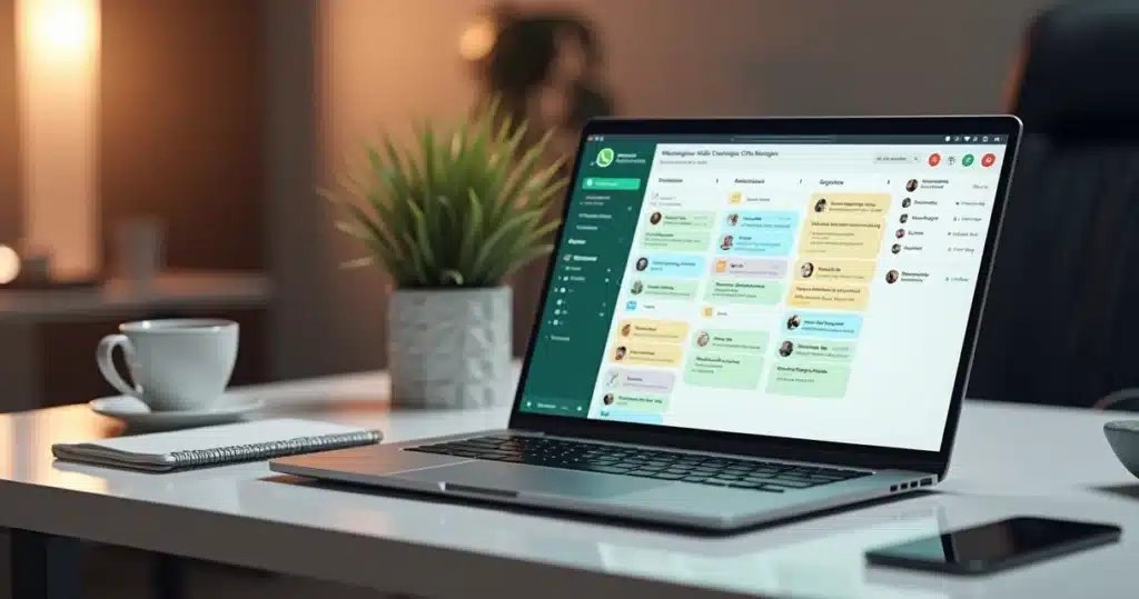 Computador aberto em WhatsApp Web com interface de CRM visual e gráficos de vendas no ecrã