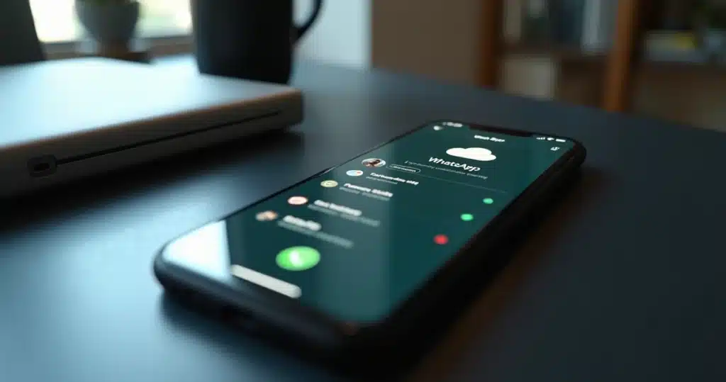 Smartphone exibindo tela de WhatsApp com opção de backup de contatos ativa