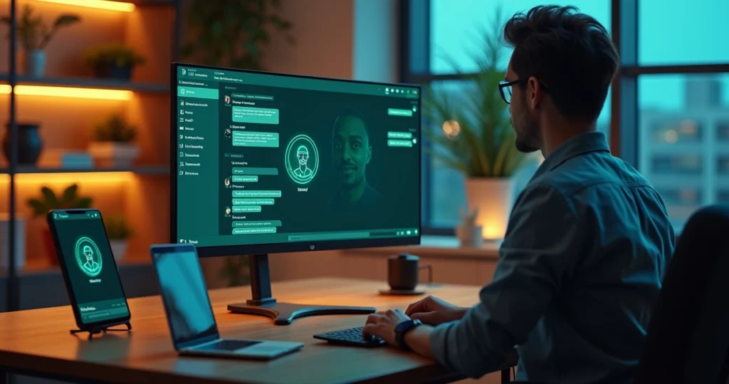 Profissional conversando com chatbot em tela grande que parece um atendente humano