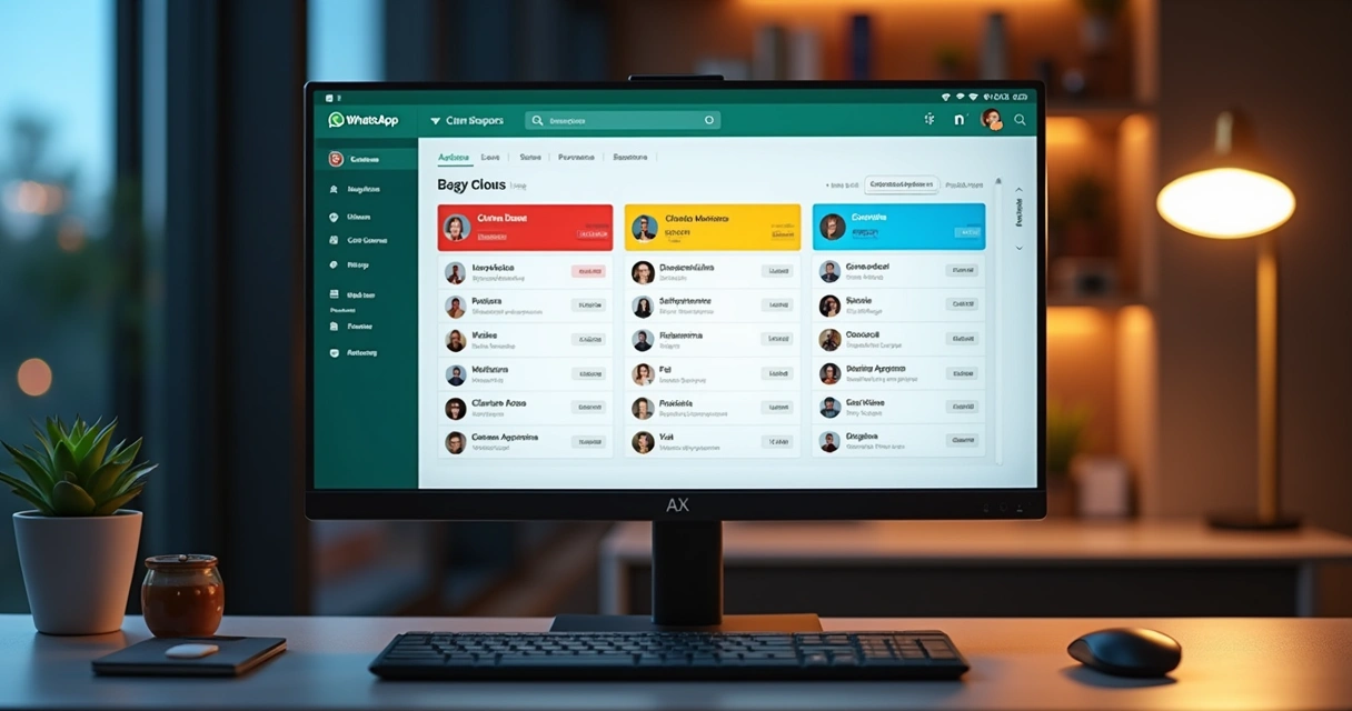 Tela de computador mostrando interface CRM com conversas organizadas em colunas coloridas para clientes quentes, mornos e frios