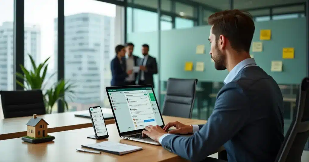 Corretor de imóveis usando CRM de WhatsApp no notebook em imobiliária moderna