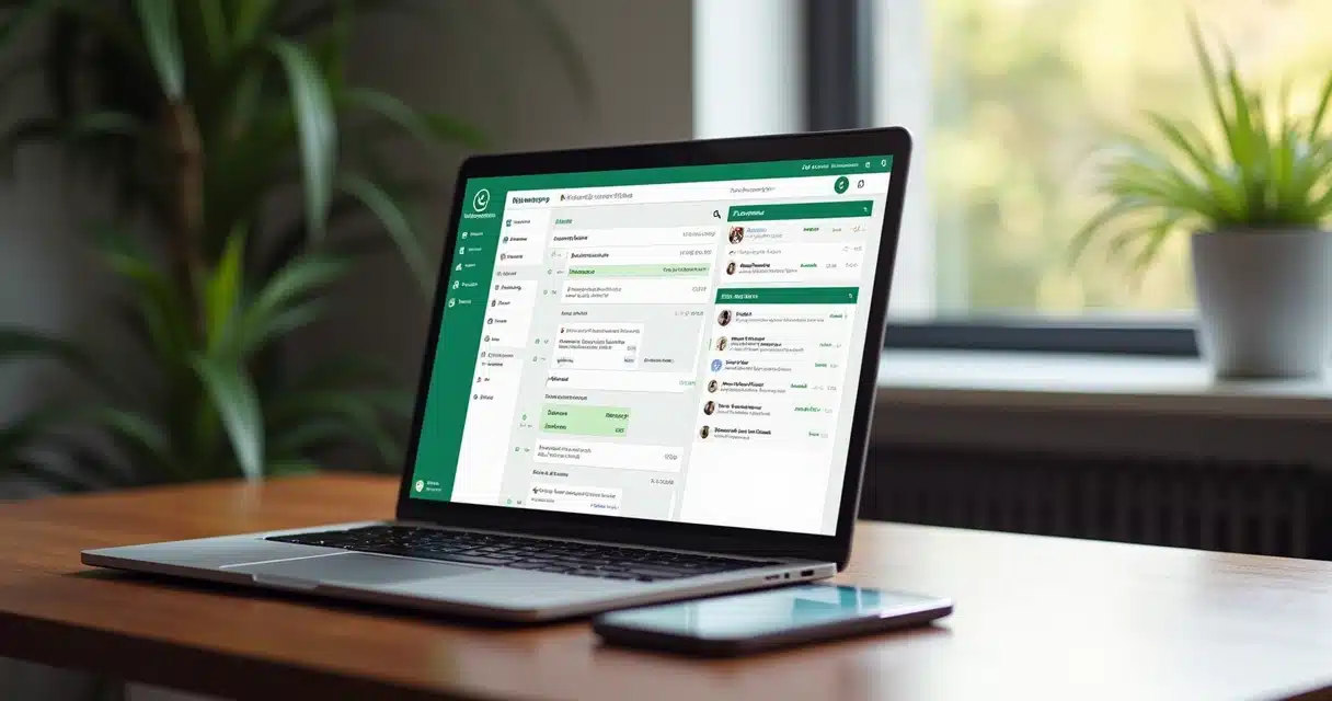 Mesa moderna com notebook mostrando interface de automação de mensagens para corretores de imóveis, organizado com gráficos e contatos em tela