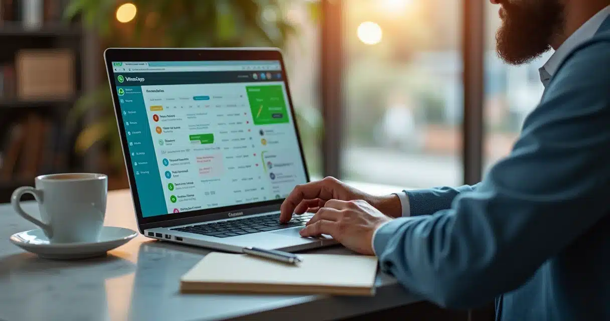 Corretor utilizando laptop com interface do WhatsApp Web organizada em abas coloridas, em ambiente de escritório moderno e luxuoso