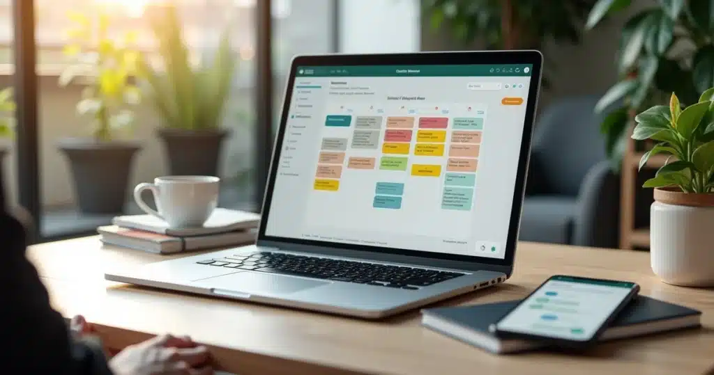 Corretor usando CRM Kanban no laptop para organizar leads no WhatsApp com funis e etiquetas