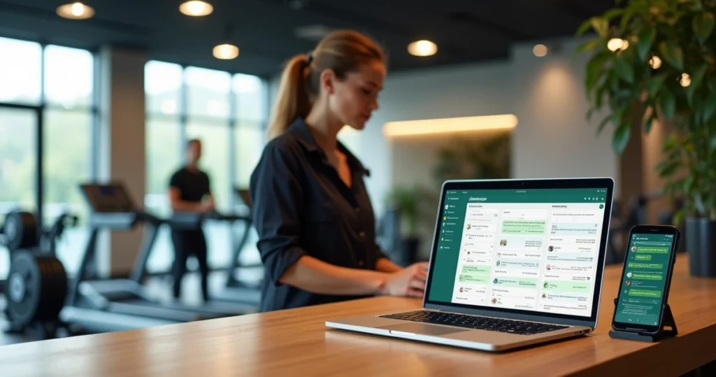 Recepcionista de academia usando CRM do WhatsApp em notebook com alunos ao fundo