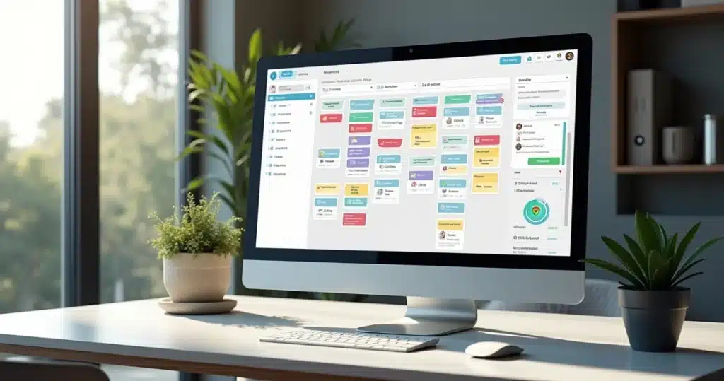 Tela de computador mostrando painel CRM Kanban com colunas coloridas e cartões organizando vendas no WhatsApp