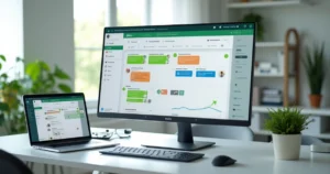 Painel Kanban de CRM com funil de vendas integrado ao WhatsApp em tela de computador