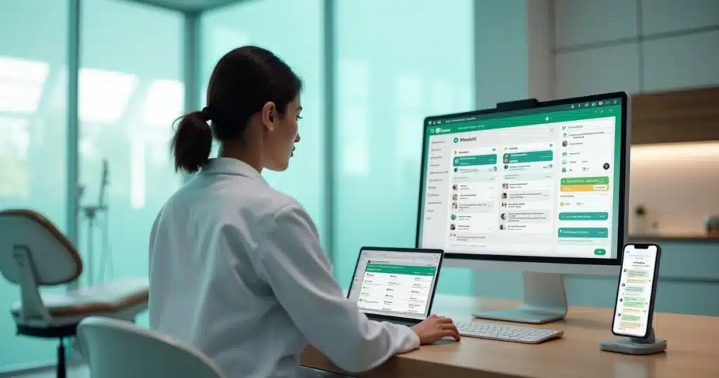 Profissional de saúde usando CRM integrado ao WhatsApp no consultório