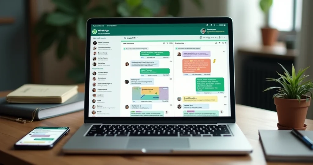 Tela de CRM com funil de vendas em Kanban integrada ao WhatsApp Business em um notebook sobre a mesa