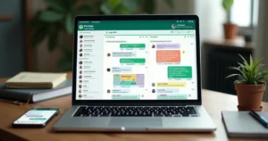 Tela de CRM com funil de vendas em Kanban integrada ao WhatsApp Business em um notebook sobre a mesa