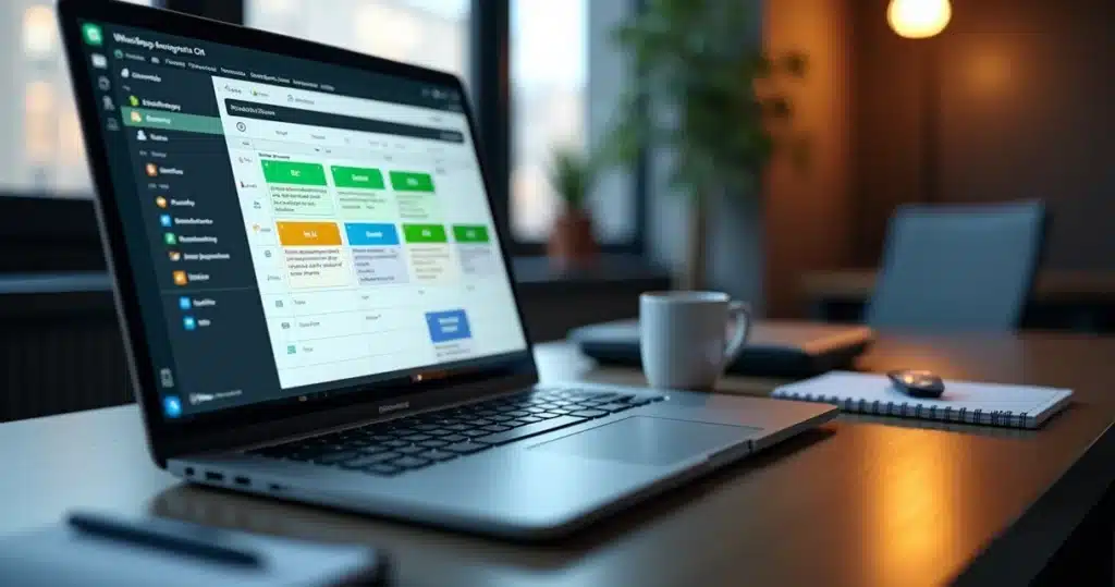 Mesa de trabalho organizada com laptop mostrando tela de CRM integrado ao WhatsApp, com gráficos, contatos e funil de vendas visíveis