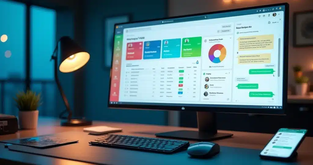 Tela de computador exibindo dashboard colorido de CRM integrado ao WhatsApp com funil de vendas Kanban e conversas organizadas