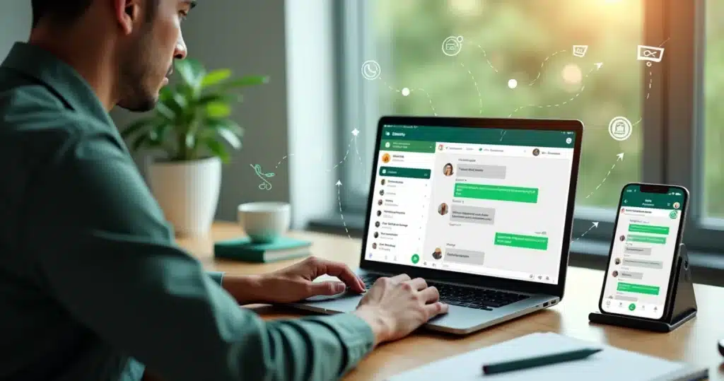 Profissional usando CRM visual integrado ao WhatsApp em notebook e smartphone