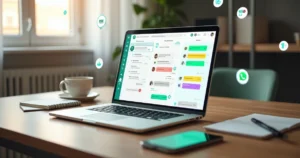 Tela de CRM integrada ao WhatsApp com funil de vendas visual em um notebook sobre mesa de escritório