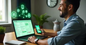 Profissional usando CRM de WhatsApp organizado no notebook com automações ativas
