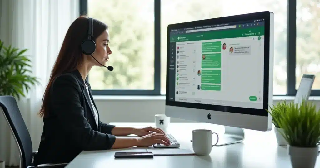 Atendente de suporte no computador com foto e nome exibidos em conversa do WhatsApp Web