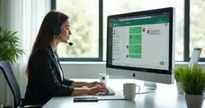 Atendente de suporte no computador com foto e nome exibidos em conversa do WhatsApp Web