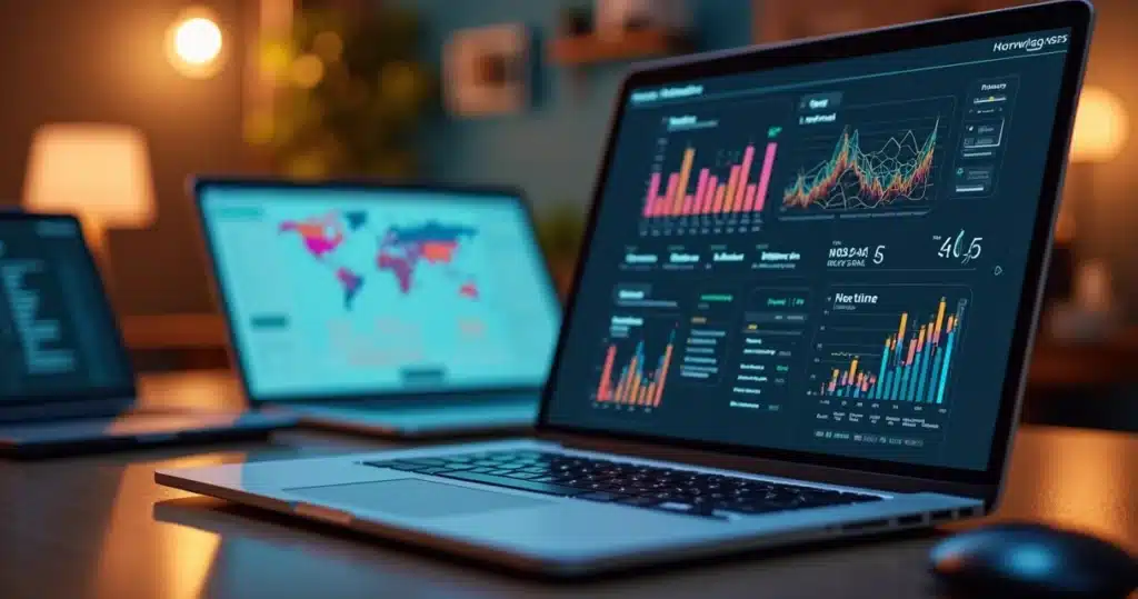 Tela de computador mostrando integração de webhooks com CRM no WhatsApp, com gráficos e conexões visuais complexas