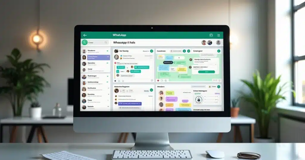 Tela de computador mostrando painel organizado de mensagens no WhatsApp com gráficos de vendas e agenda de disparos
