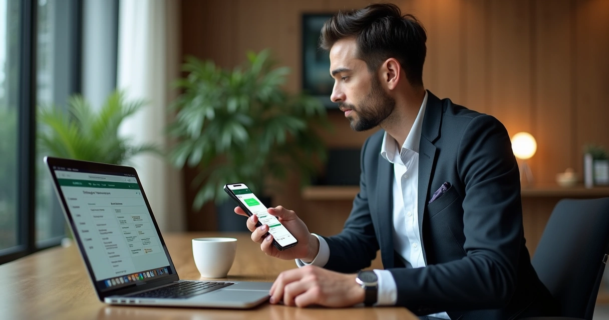 Profissional sentado à mesa com laptop aberto, celular na mão, organizando mensagens em ambiente elegante e moderno