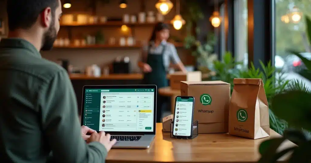 Dono de restaurante usando CRM de WhatsApp para gerenciar pedidos de delivery em um notebook