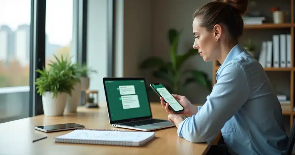 Profissional olhando conversa de WhatsApp no notebook planejando retomar contato com cliente