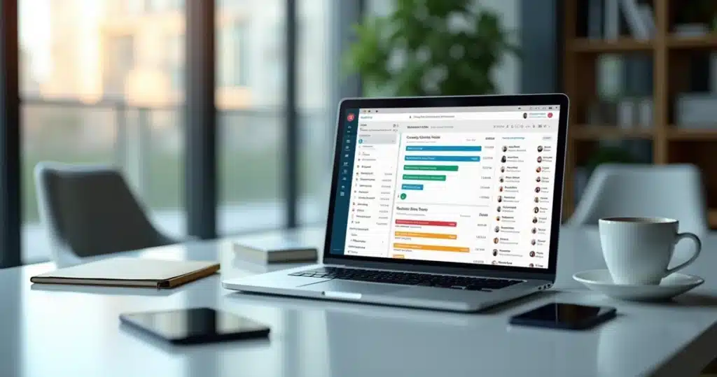 Vendedor usando computador com interface organizada do WaSpeed no WhatsApp em ambiente moderno e iluminado