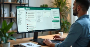 Profissional gerenciando muitas conversas no WhatsApp com painel de CRM organizado na tela