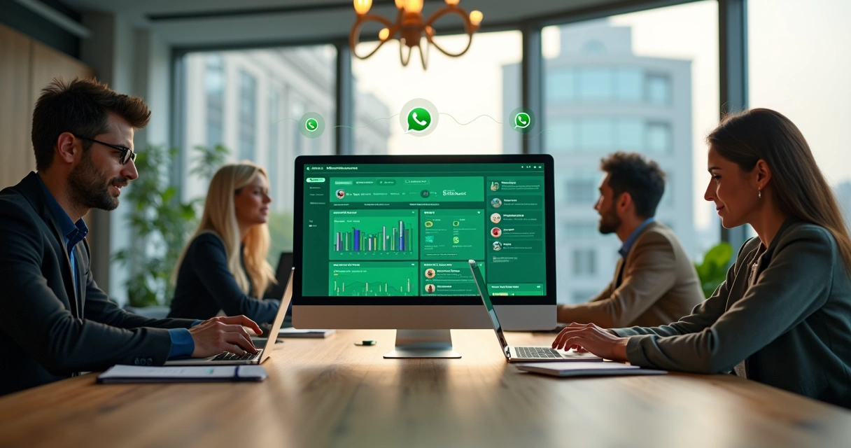 Equipe de agência de marketing usando CRM de WhatsApp em painéis no computador