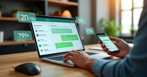 Profissional analisa histórico no WhatsApp em painel de CRM para criar oferta personalizada