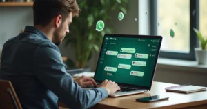 Profissional preocupado olhando conversas no WhatsApp em tela com mensagens organizadas em colunas