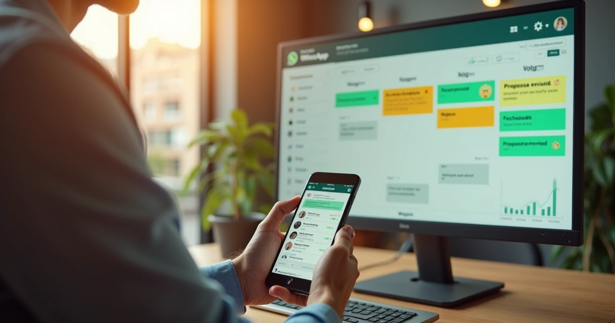 Vendedor respondendo rapidamente no WhatsApp em frente a funil de vendas no computador