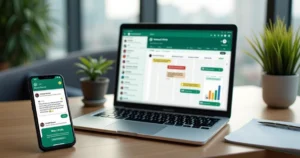 Tela de computador com funil de vendas no WhatsApp e chatbot atendendo cliente