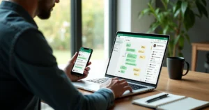 Profissional usando painel de CRM do WhatsApp no notebook para gerenciar contratos de serviços