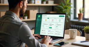 Pequeno empresário usando painel de CRM integrado ao WhatsApp no notebook