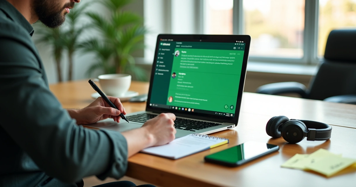 Profissional criando script de vendas no notebook com tela do WhatsApp aberta