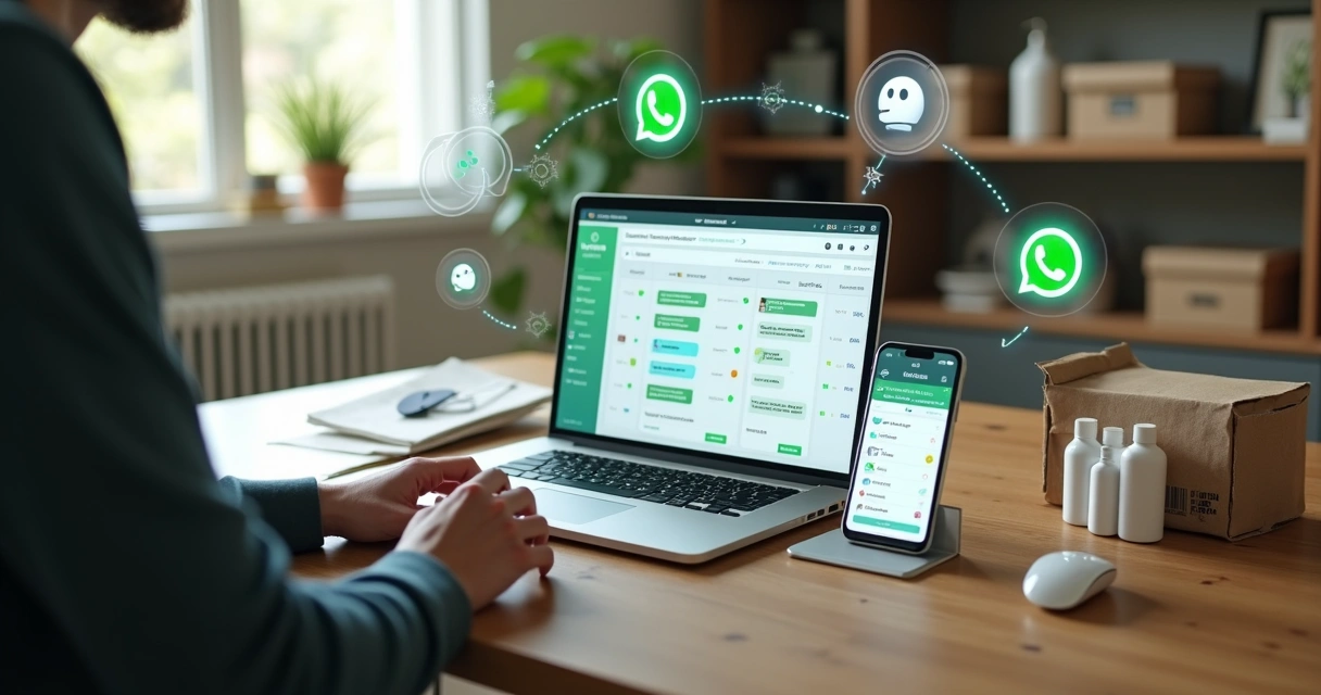 Vendedor usando WhatsApp Web com painel de CRM para organizar vendas de produtos físicos