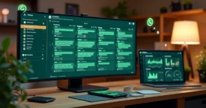 Tela de CRM no computador integrando WhatsApp com funil de vendas e automações