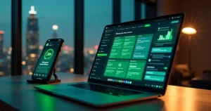 Tela de WhatsApp em notebook com funil de vendas e gráficos de crescimento ao lado