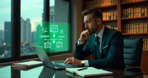 Advogado em escritório moderno observando hologramas de mensagens automáticas do WhatsApp