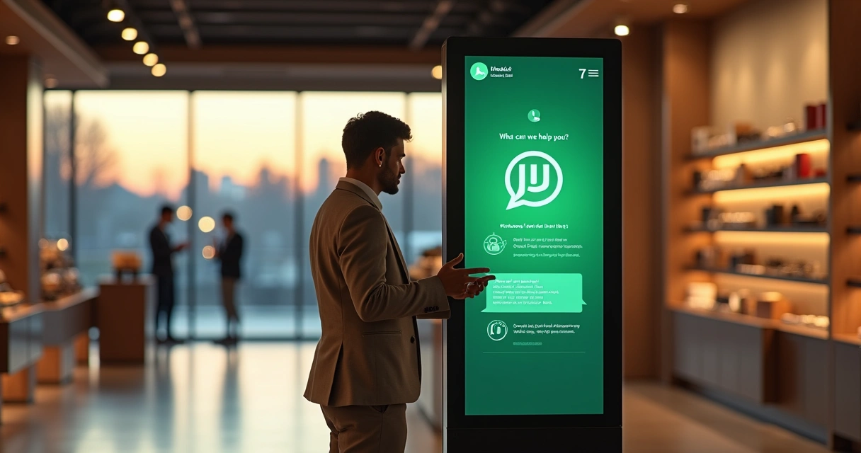 Atendente em loja observando totem digital com autoatendimento via WhatsApp