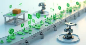 Fluxo de mensagens automatizadas de WhatsApp avançando por esteiras rumo a ícones de vendas e gestão