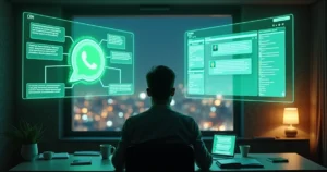 Atendente observando holograma de chatbot de WhatsApp integrado a CRM